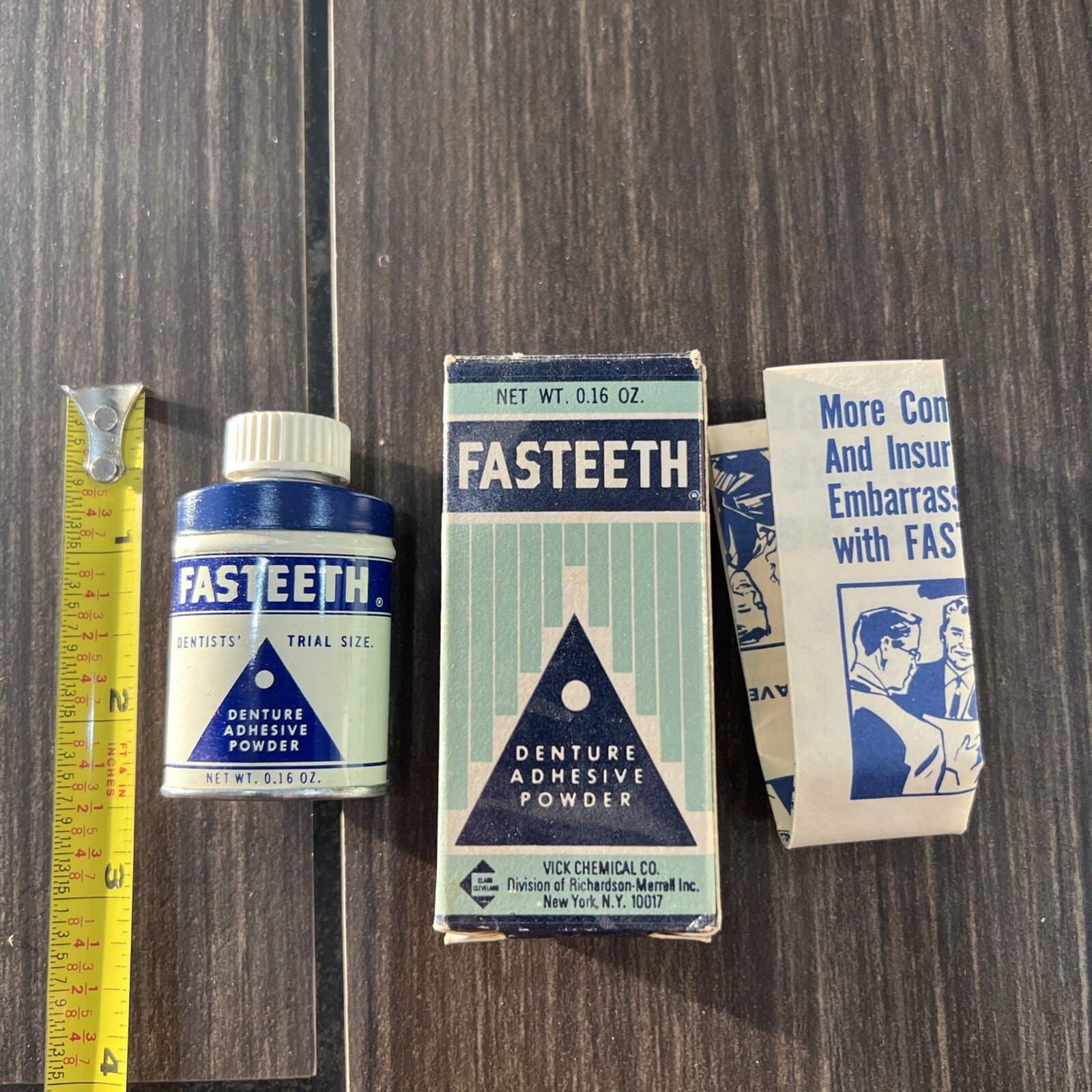 Vintage Fasteeth Denture Adhesive Powder  .16 Oz Tin, Box, Instructions 80% Full