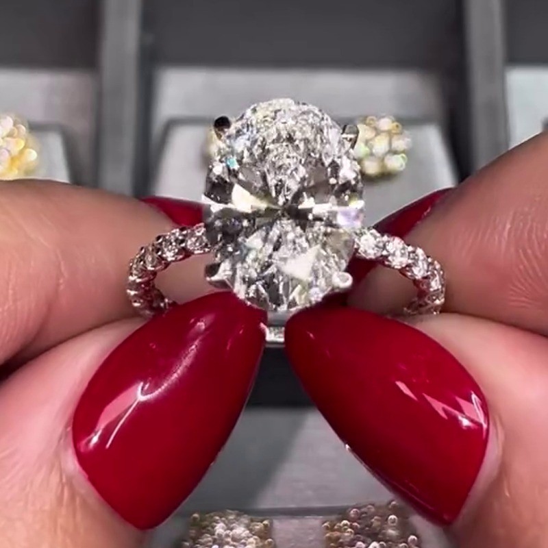 2.84 TCW Oval Cut Moissanite Hidden Halo Engagement Ring 14K White Gold Plated