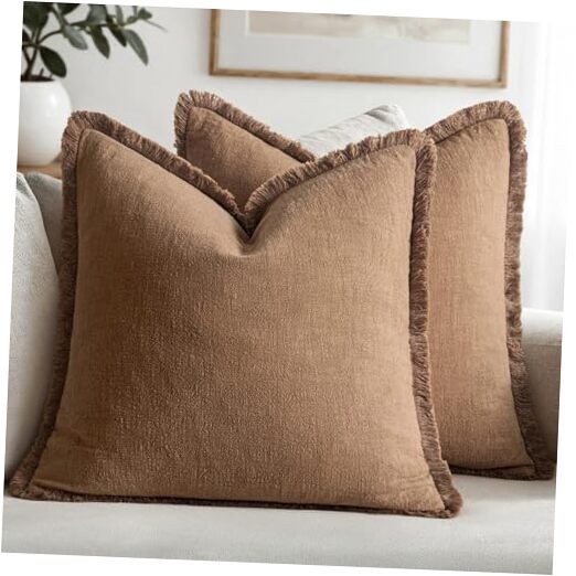  Decorative Throw Pillow Covers Neutral Linen 24" x 24" (Pack of 2) 2 Brown