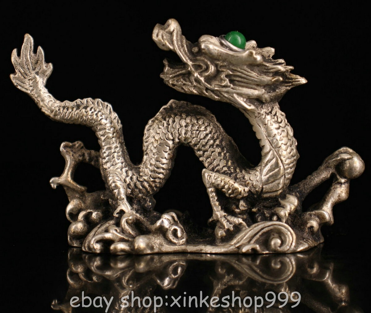 3.8" Marked Chinese Silver Inlay Green Gem Fengshui Dragon Beast Statue