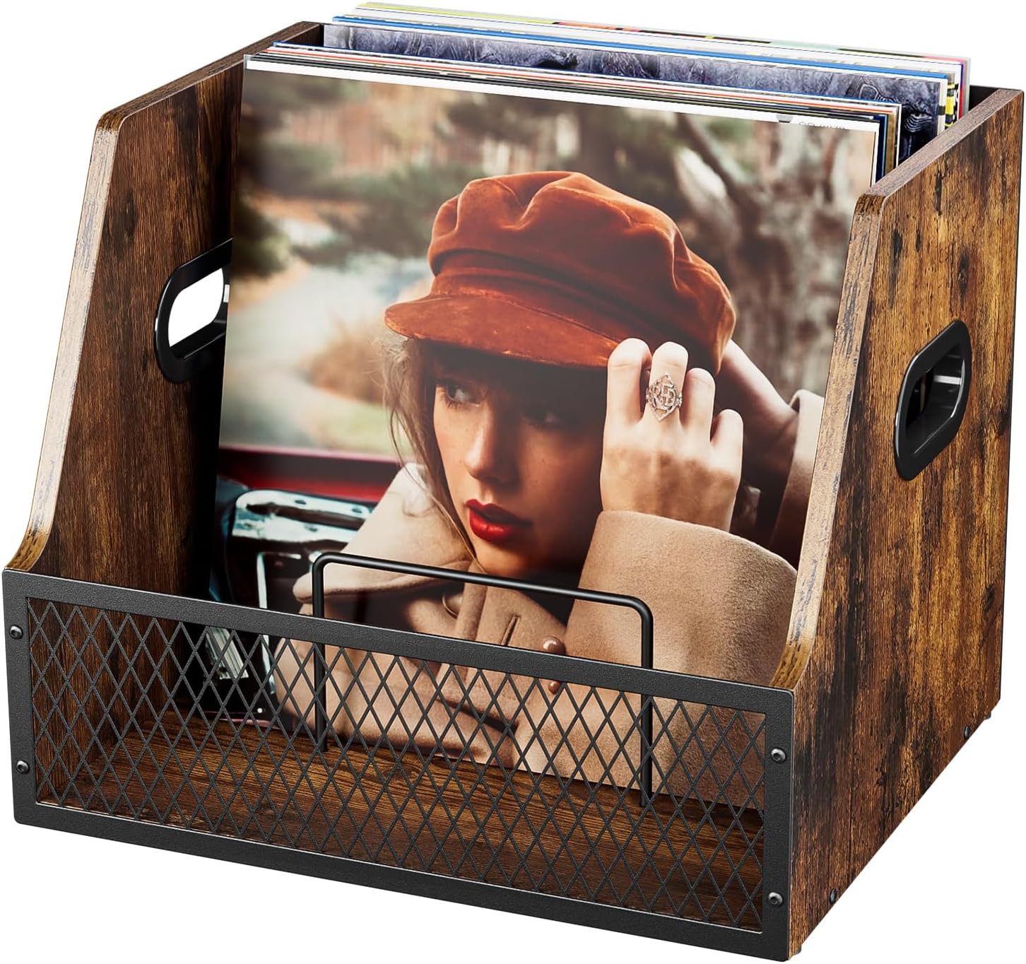 Vinyl Record Storage,Wooden Crate ‌Vinyl Holder with Dividers for Albums & Magaz