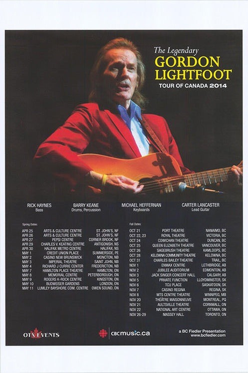Gordon Lightfoot Tour Canada 2014 Concert Poster Legendary 12x8in Metal Sign