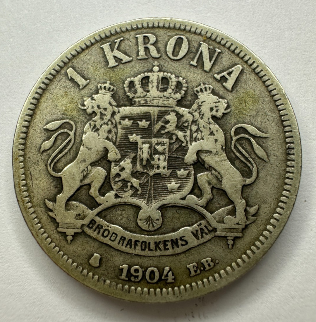 1904 Oscar II Sweden & Norway 1 Krona Coin, Silver 0.8, 7.5g, 25mm, F Fine