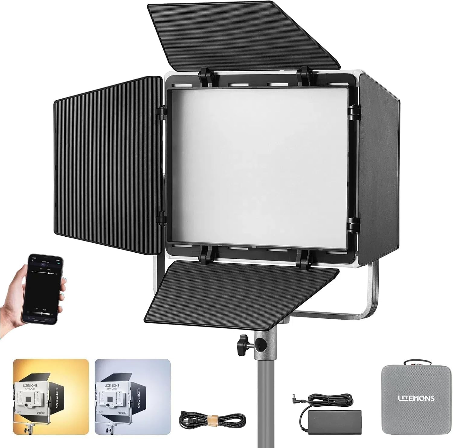 LP400Bi Bicolor LED Video Light with Barndoor, 36W 2800K-6500K 6250Lux LED Pa...