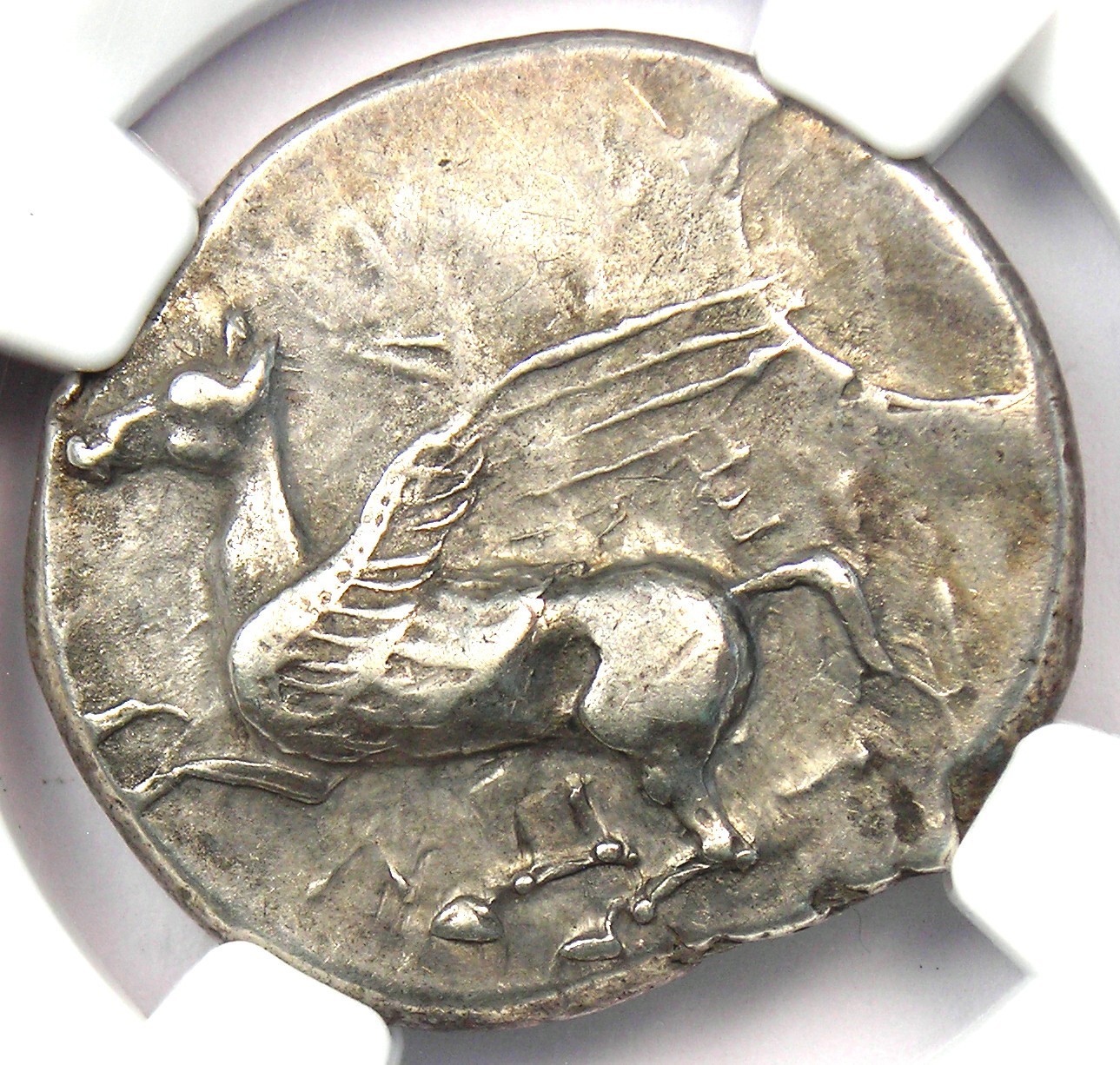 Acarnania Leucas Silver AR Stater 300 BC Pegasus Athena Coin. NGC Choice XF (EF)