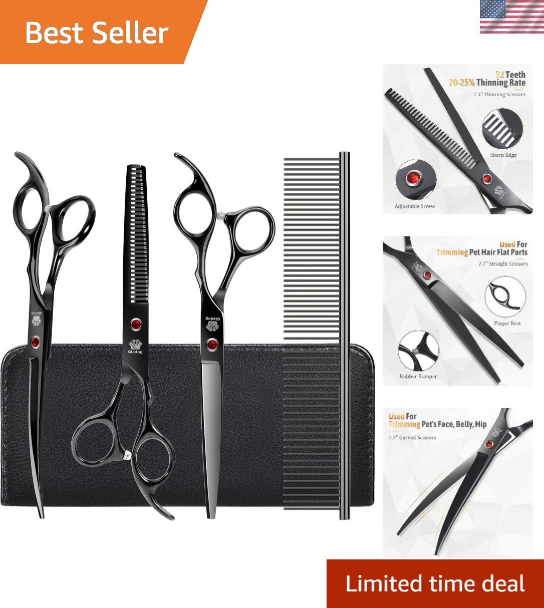 Dog Grooming Scissors Kit with Safety Round Tips, Professional 5 in 1 Groomin...