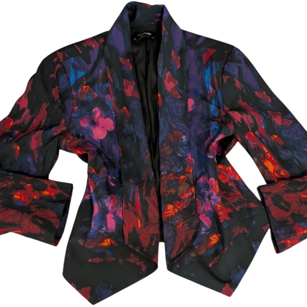 Bebe Women's Multi Color Black Floral Print Open Front Shawl Jacket Blazer