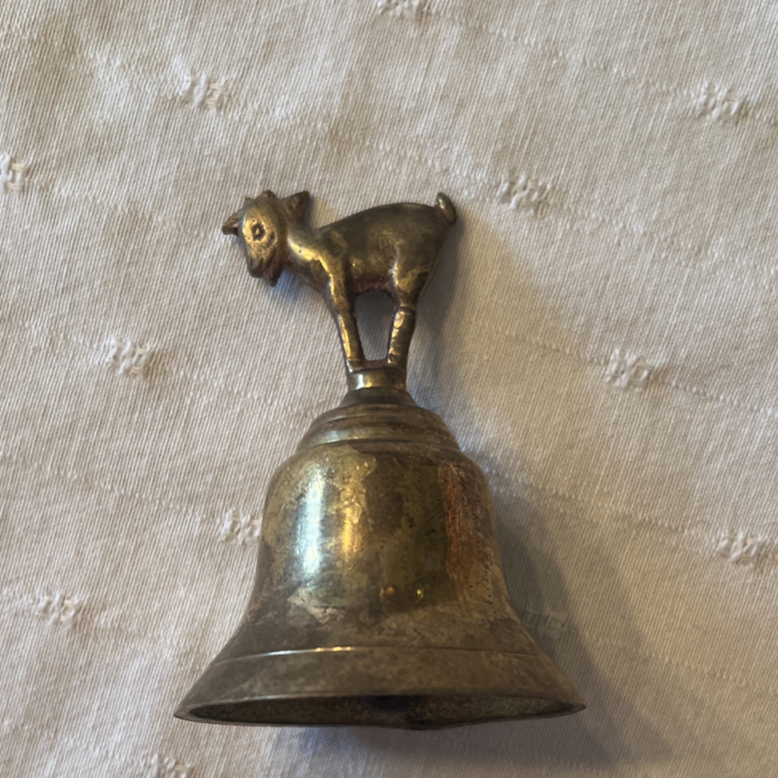 Antique Brass Goat Bell with Handle Animal Figure Decorative Accent