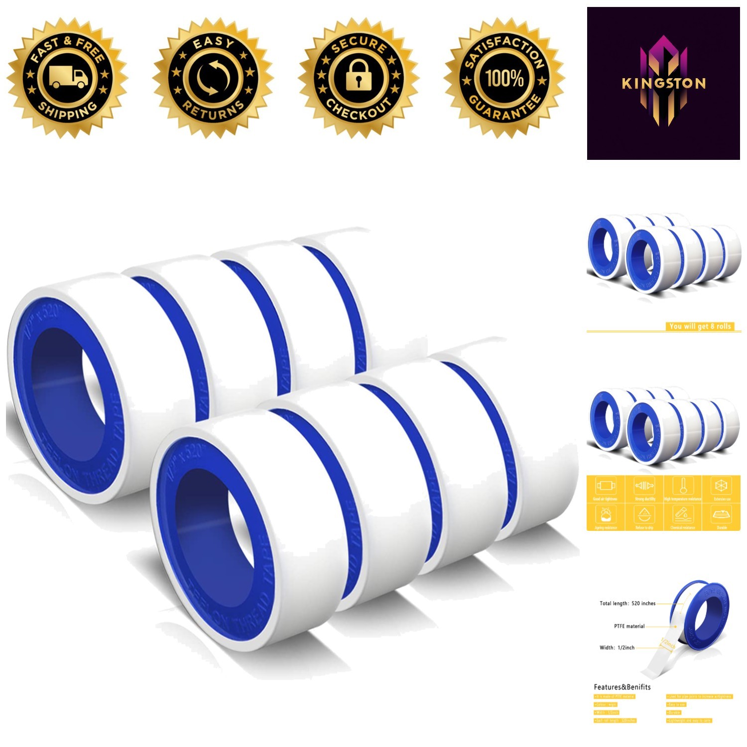 Reliable 8 Rolls of PTFE Teflon Tape - 1/2 Inch Wide for All Your Plumbing Needs
