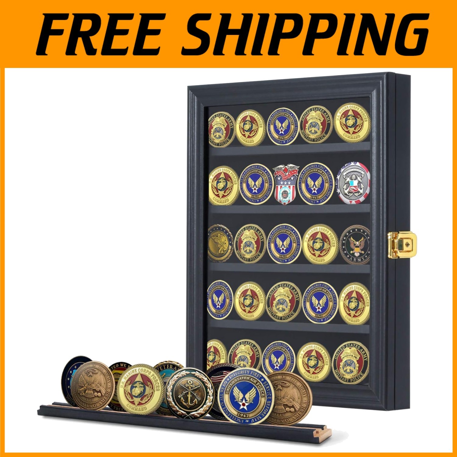 Lockable Military Coin Display Case - Black