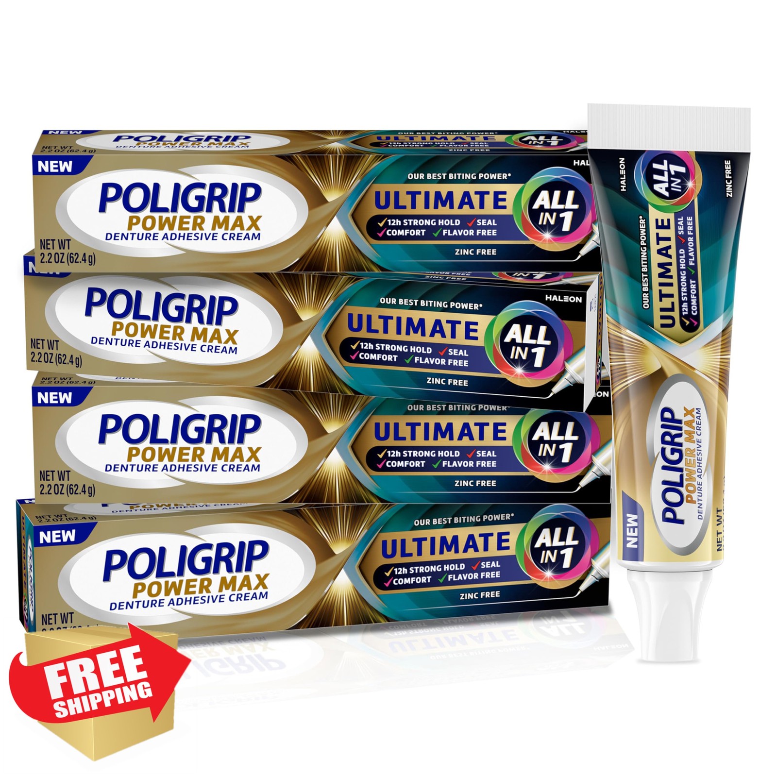 Poligrip Power Max Denture Adhesive Cream Zinc Free 2.2oz 4pk