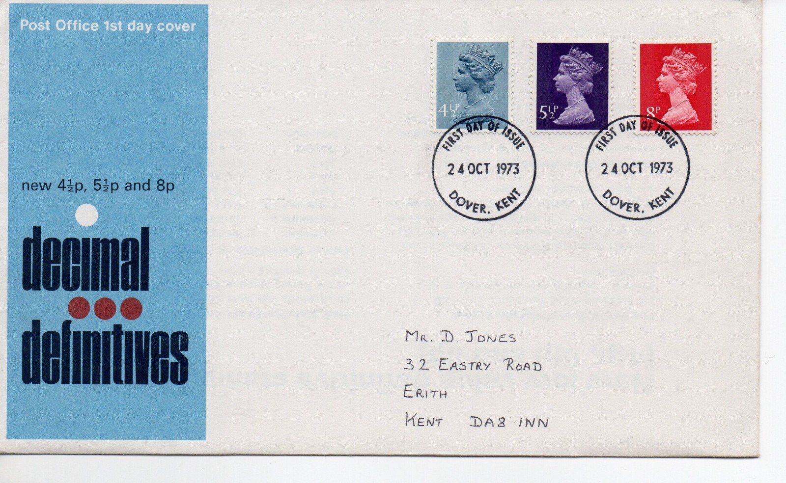 GB - First Day Cover (C 1 ) 1973 Machin - 3 value to 8p -  pmk. Dover