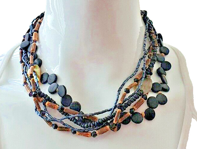Tribal Ethnic Multi Strand Shell Wood Black Faceted Acrylic Beaded Necklace
