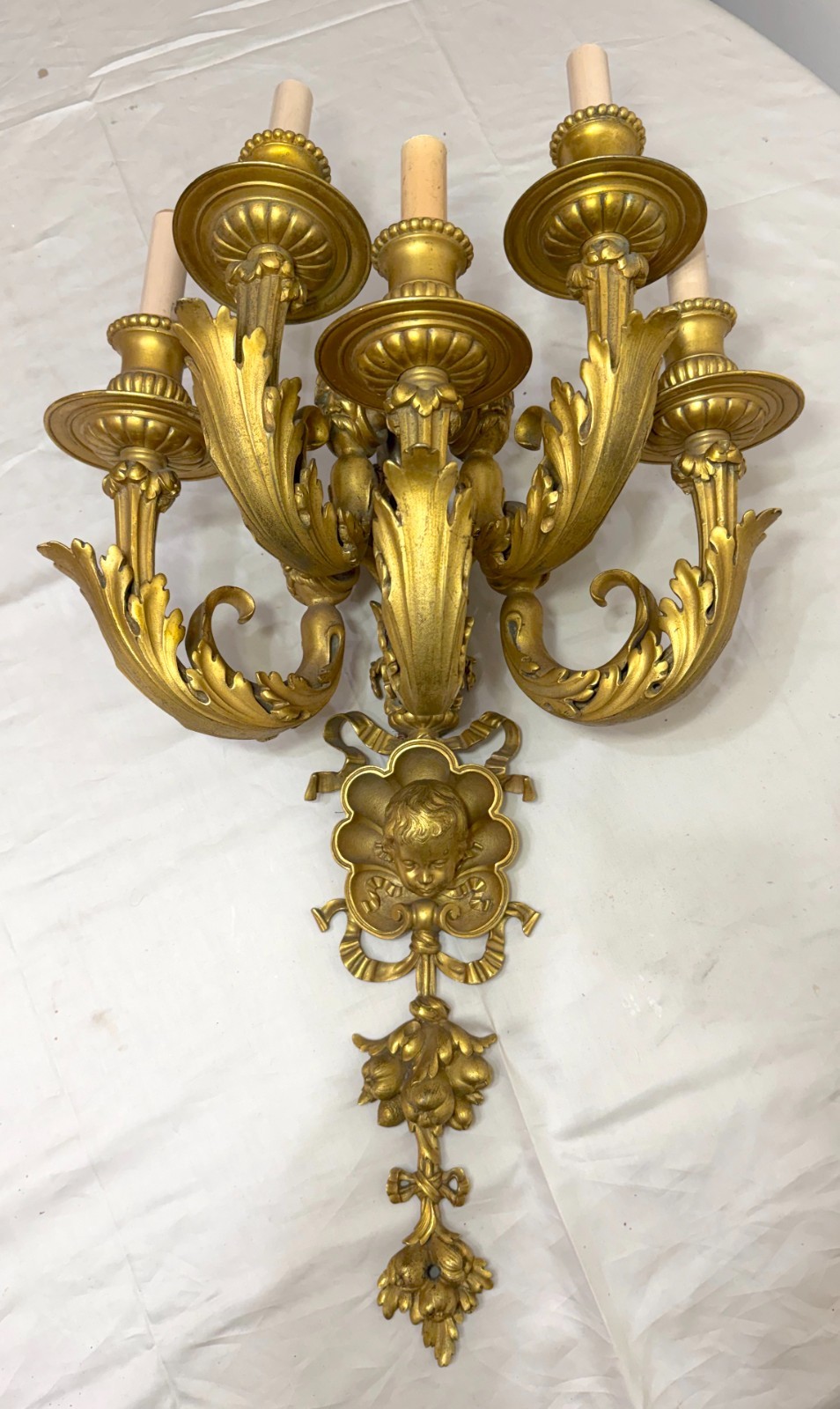 HUGE Antique 1800s Louis XVI French dore bronze figural wall sconce fixture 5arm