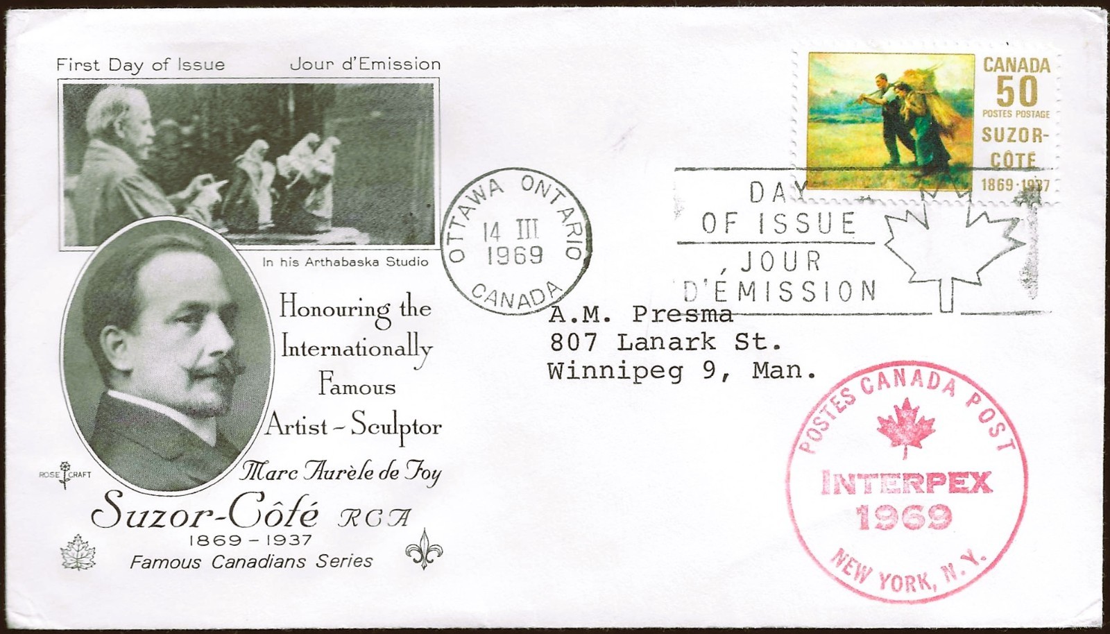 🍁Canada   #492     "SUZOR - COTE"   Fine Used  1969 Rosecraft  First Day Cover