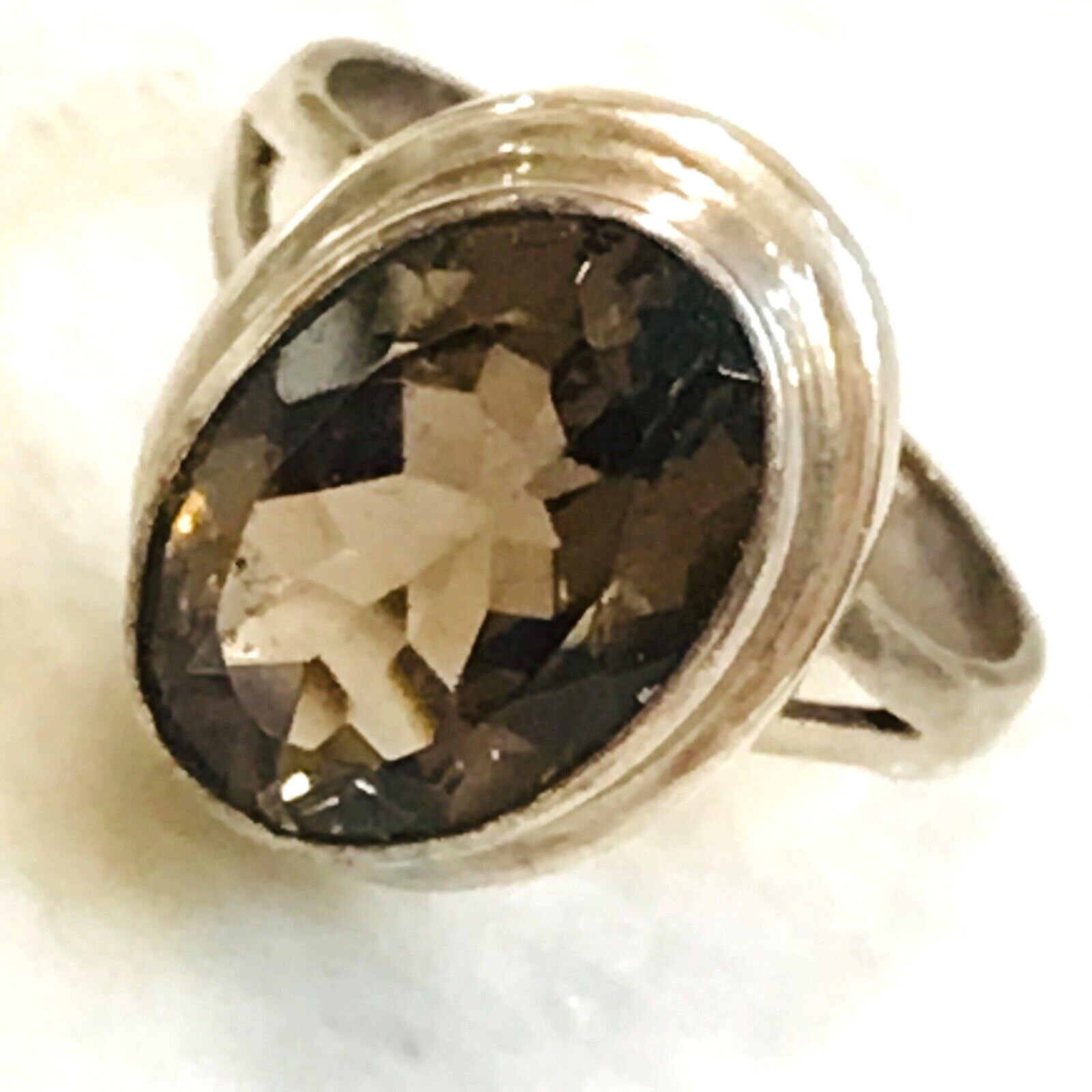 VTG Sterling Silver Smoky Quartz Ring 14.5mm x 11mm  Oval 925 Bezel Boho Sz 8