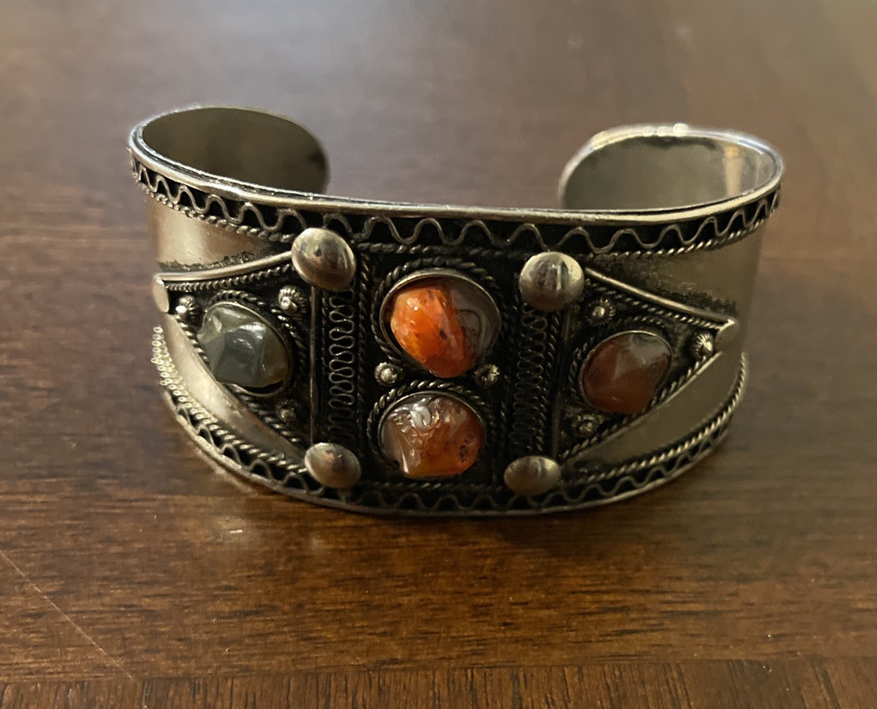 Vintage Silver Toned Open Cuff Bracelet Stones & Detail Boho Western Chic