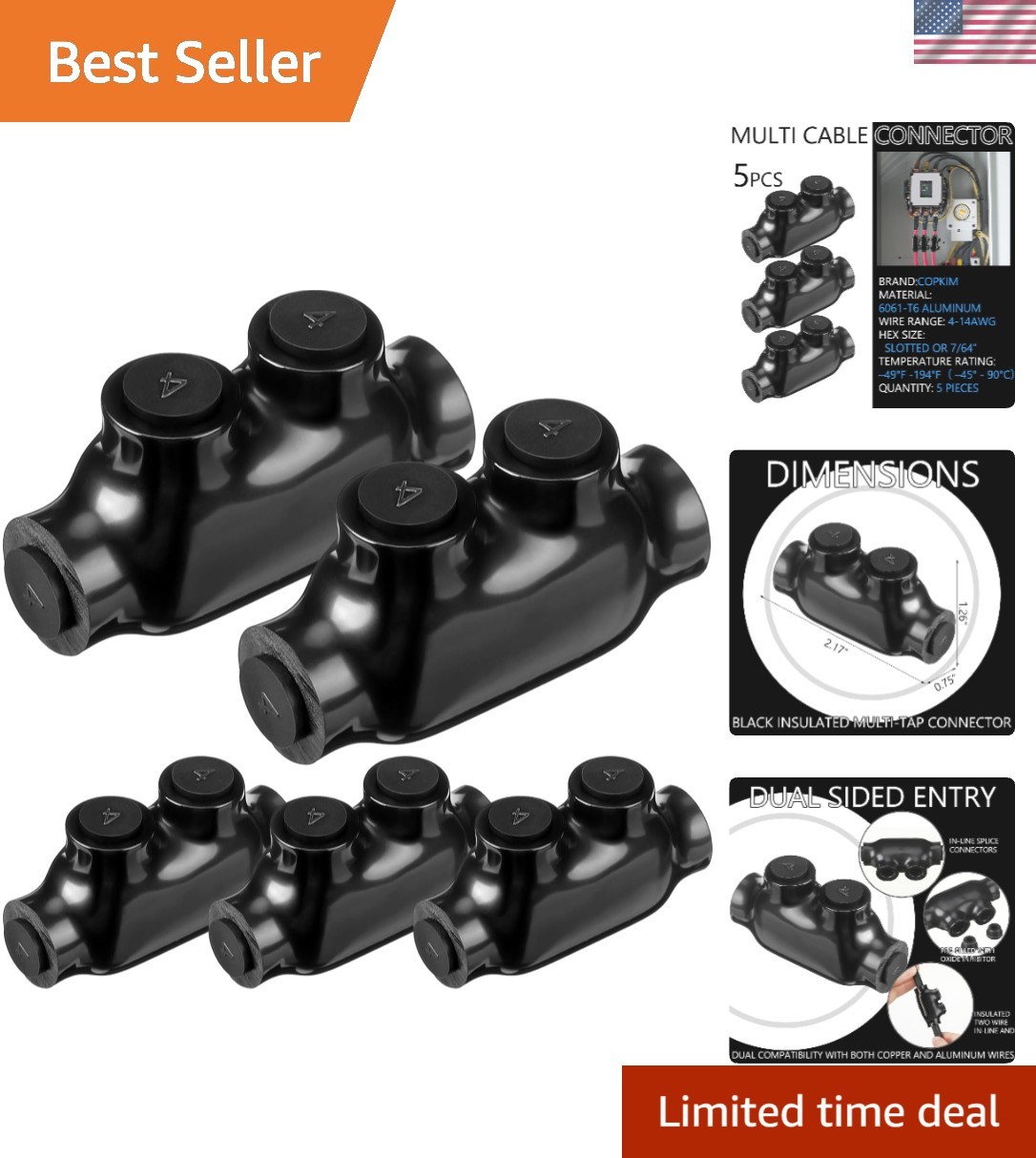 5 Pcs Insulated Wire Connectors Black Splice Connector 2 Ports Multi Cable So...