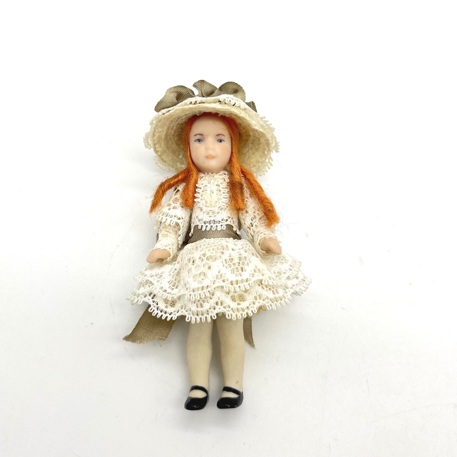 Miniature Porcelain Doll Red Hair Lace Dress Victorian Style Dollhouse 3.5 Inch