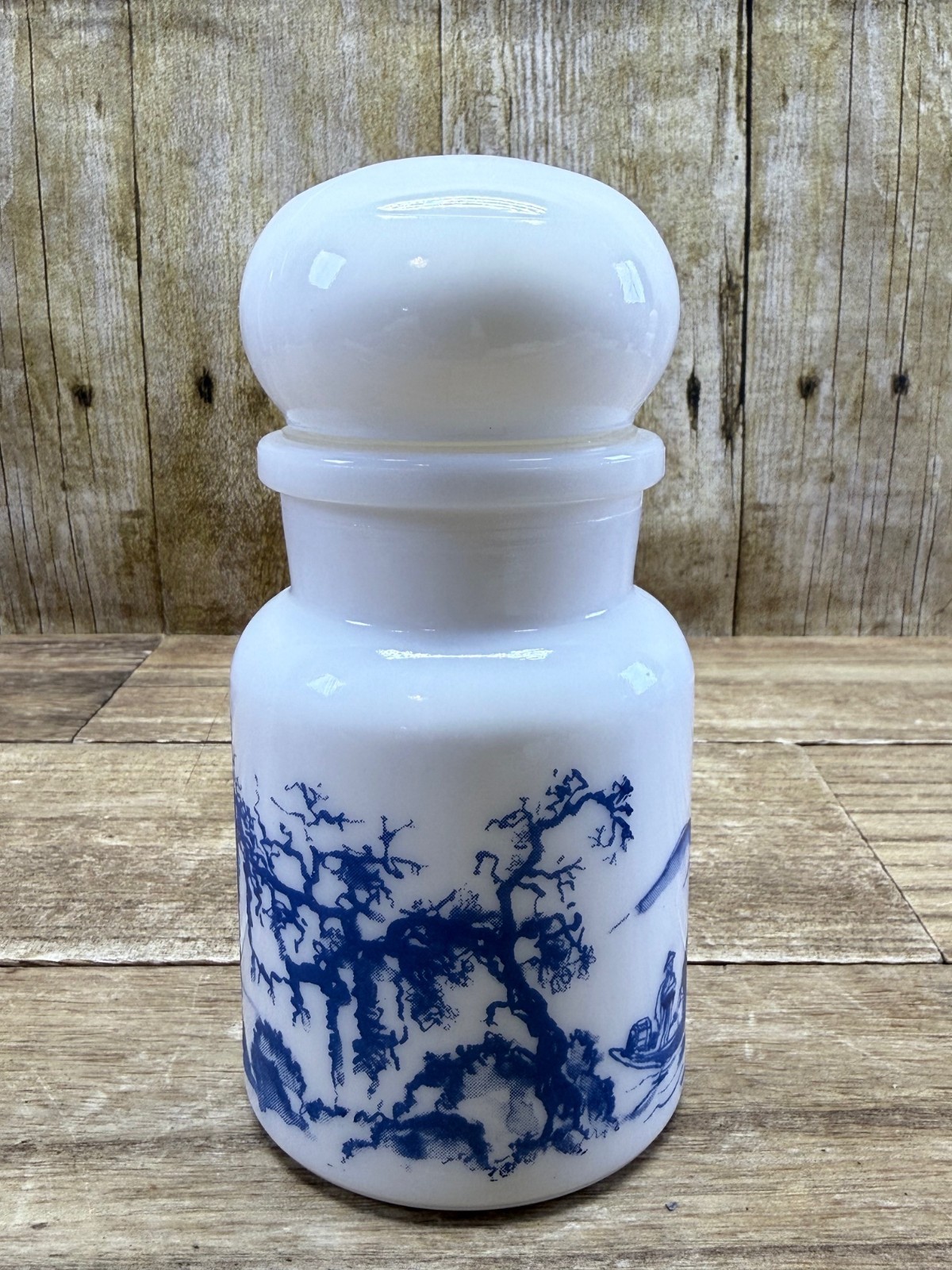 VTG Bubble Top White Apothecary Jar 5.5" w/Blue Asian Landscape Scene Belgium
