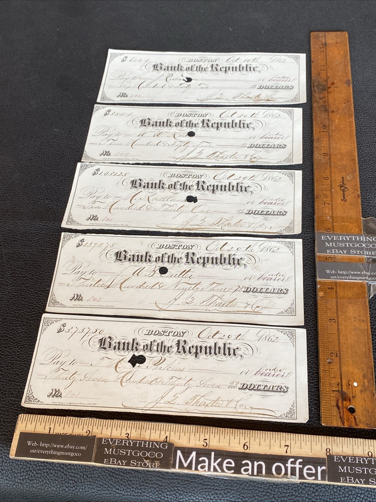 Antique 1862 Boston Bank Of the Republic Checks Lot 5 In Sequence Civil War Era