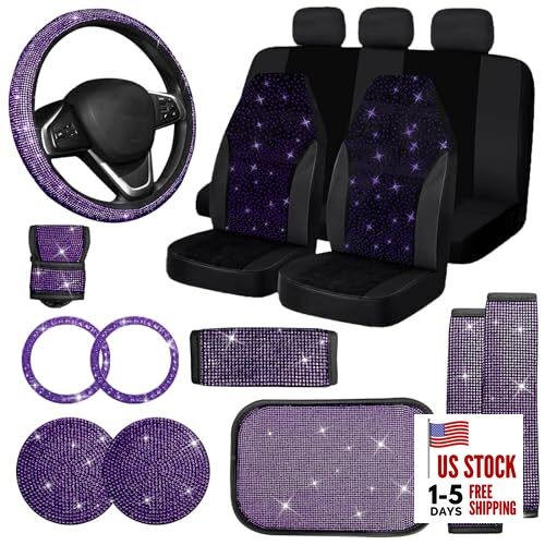 17 Pack Bling Car Seat Covers Set, Diamond Accessories Rhinestone Purple