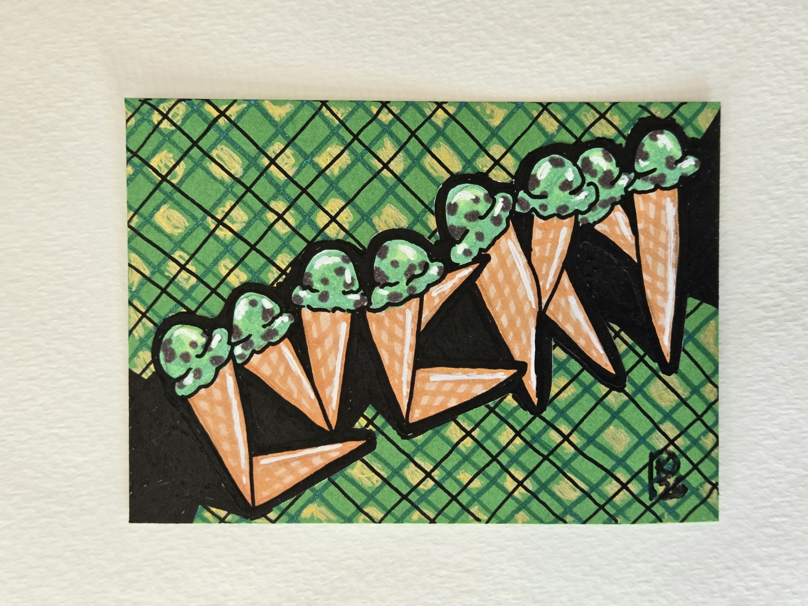ACEO Original Mixed Media Mint Ice Cream Cone St. Patrick's Day Moody Mamma Art