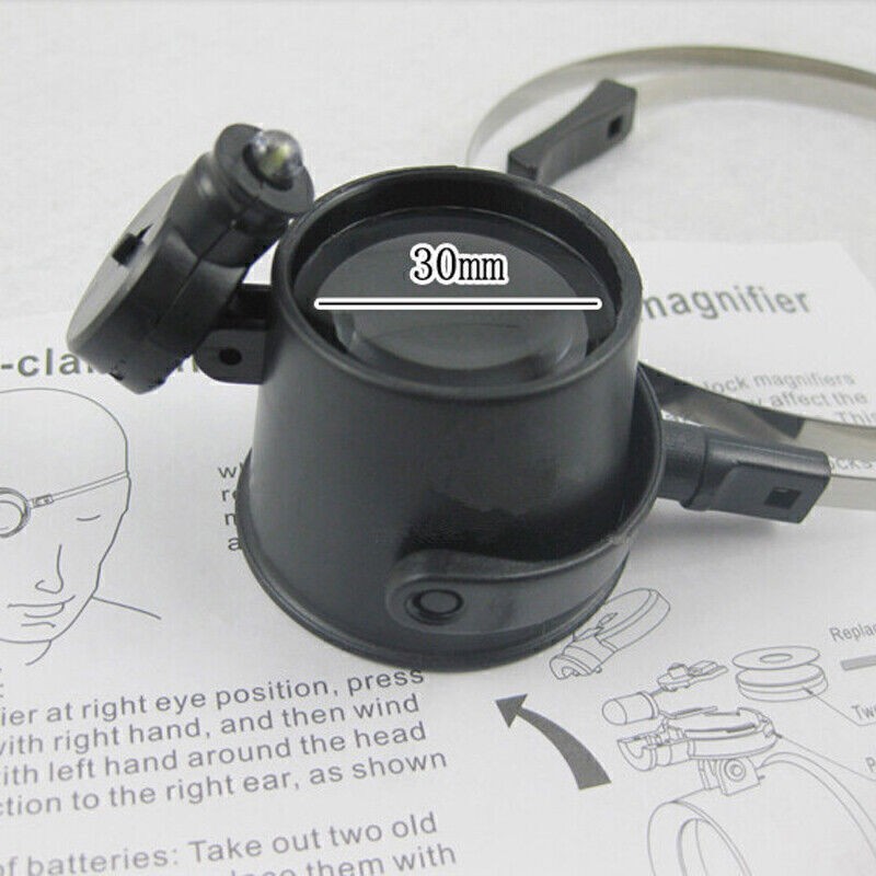 15X 30mm Magnifier Magnifying Glass One Eye Loupe LED Light Lamp Head Band Stamp