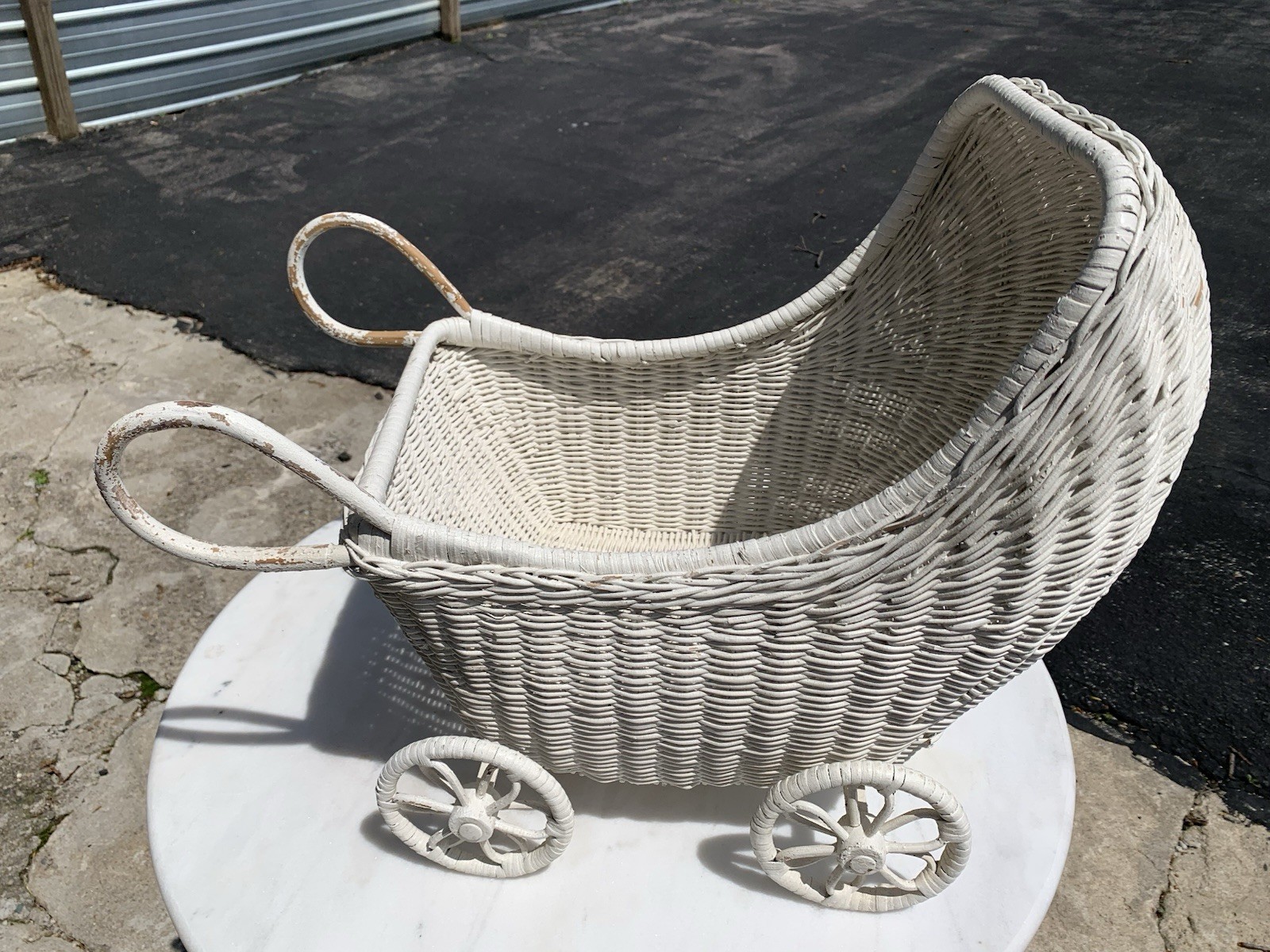 White Wicker Doll Stroller Buggy Pram Antique Ratan With Moving Wheels