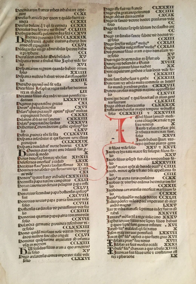 Original index leaf "I" Nuremberg Chronicle 1493 Liber chronicarum, Schedel RARE