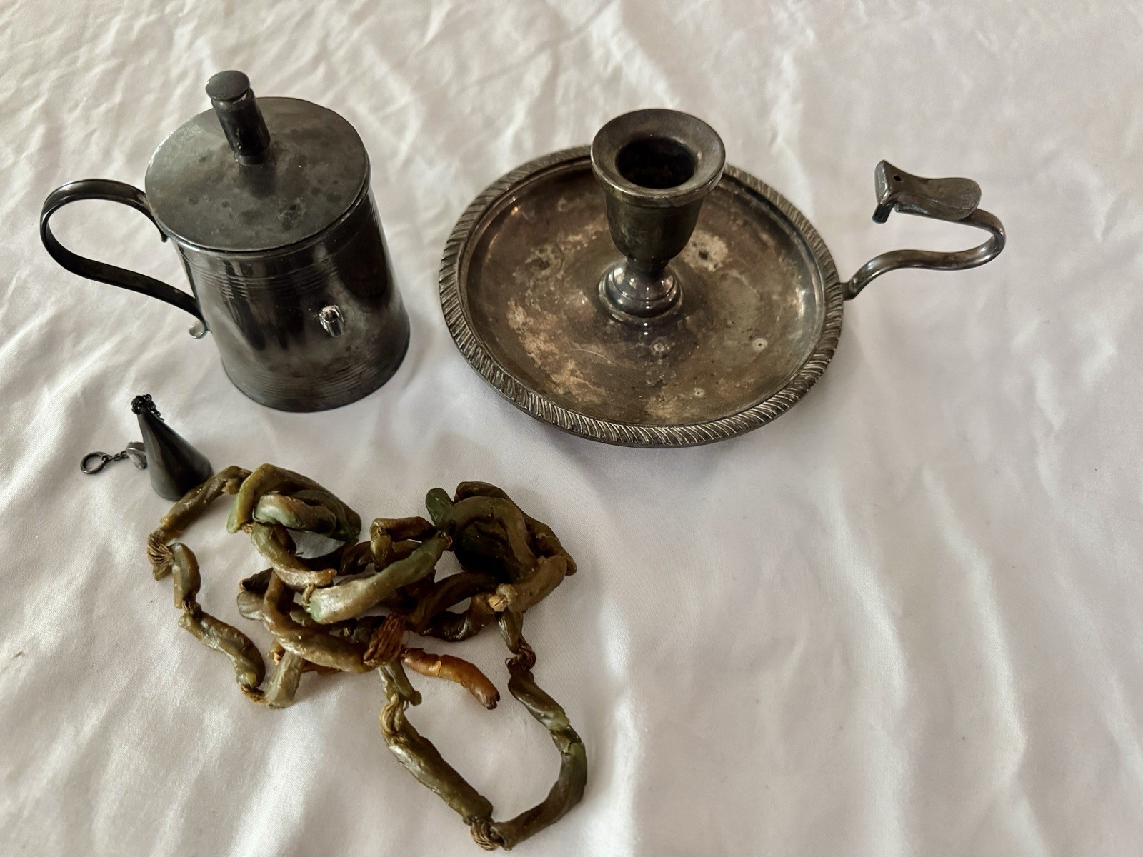 Antique 1700s Chamberstick Candle Holder & Oil Holder Primitive Lighting Lot 2