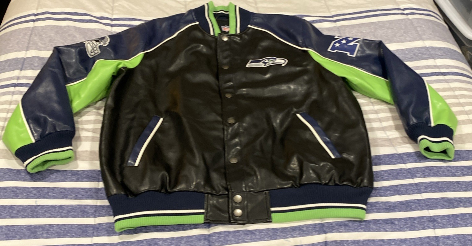 Seattle Seahawks Faux Leather Embroidered Bomber Jacket Coat NFL NFC 2XL New