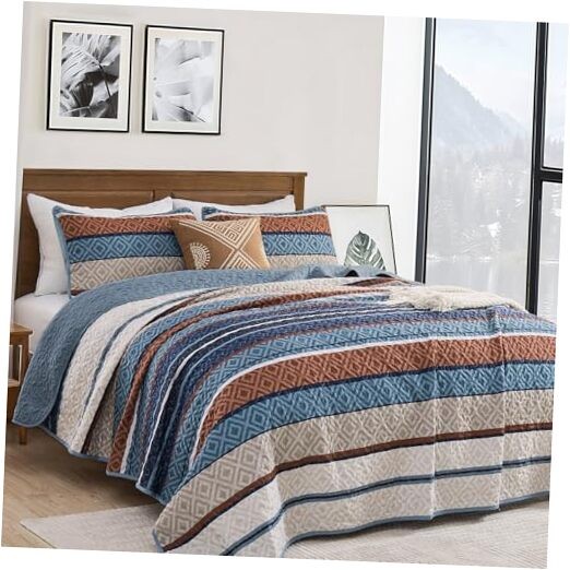  Blue Brown Quilt Set Queen Size Lightweight Queen 96"×90" Striped (Blue)
