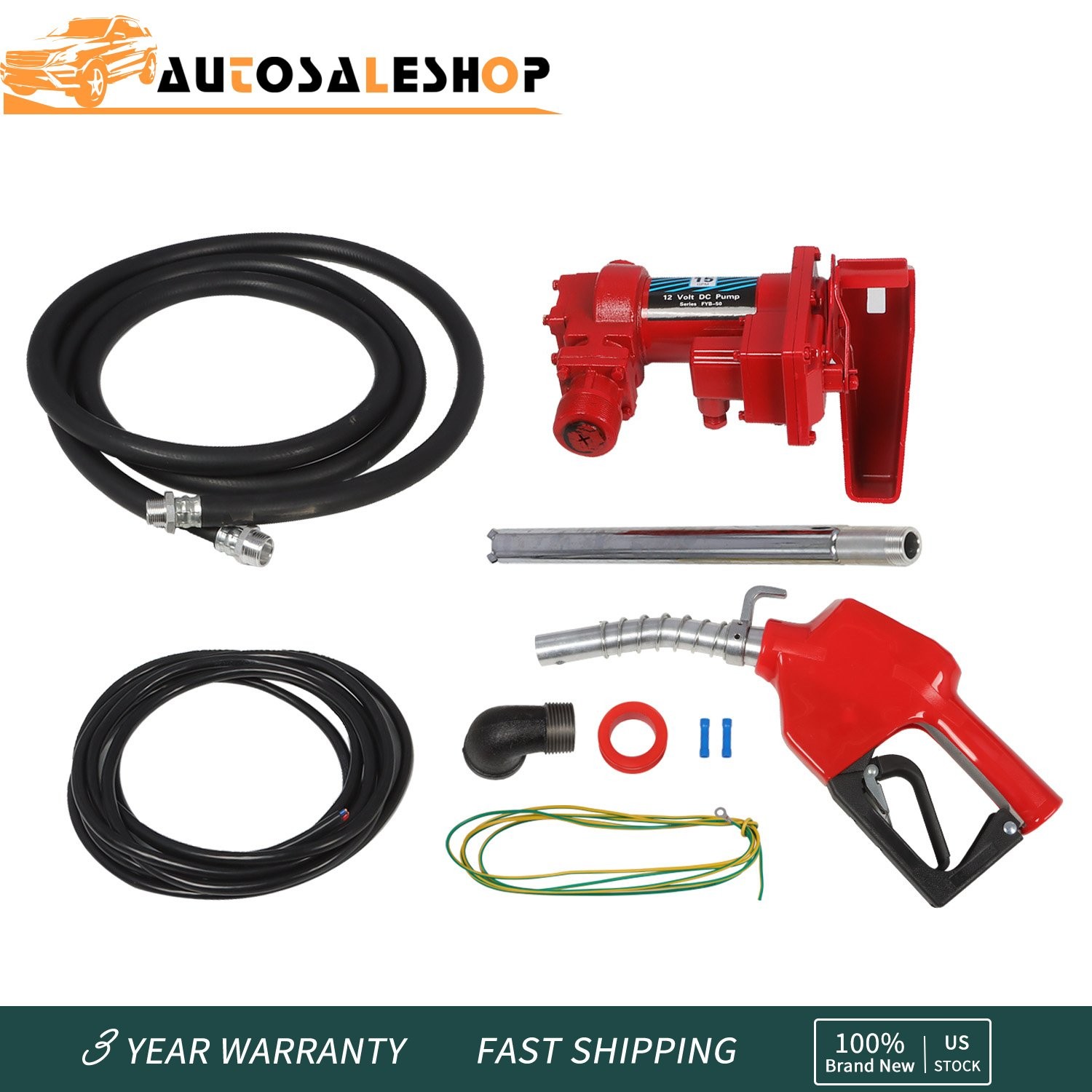 Fuel Transfer Pump Automatic Nozzle, 15 GPM High Flow 12 Volt DC Pump Cast Iron