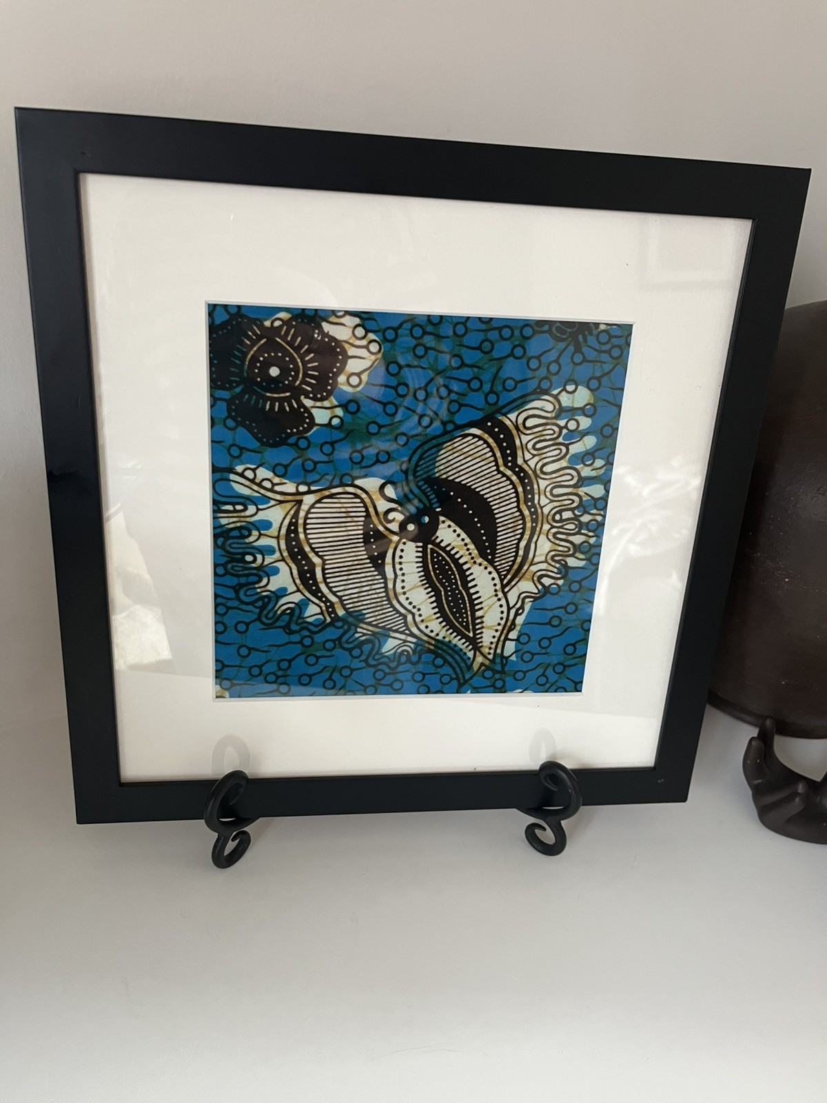 Batik silk Hand Dyed Butterfly Fabric Art. Turquoise blue Framed & Mounted 
