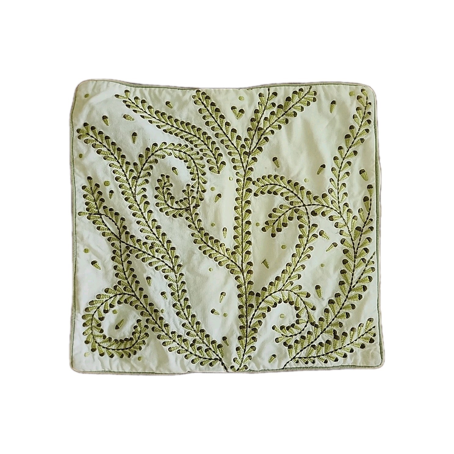 Pottery Barn Embroidered Fern Pillow Cover 17 x 17 White and Green READ