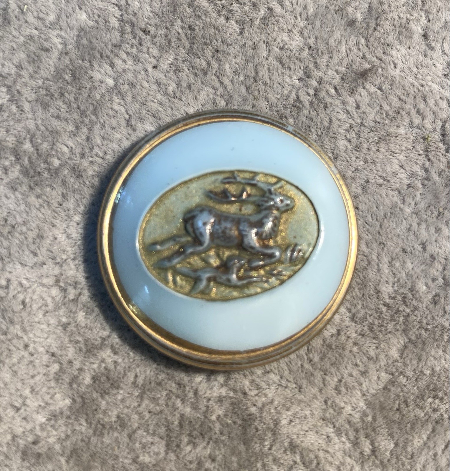 ANTIQUE  BLUE GLASS BUTTON Gold Rim With Deer & Dog 1” Beautiful Color