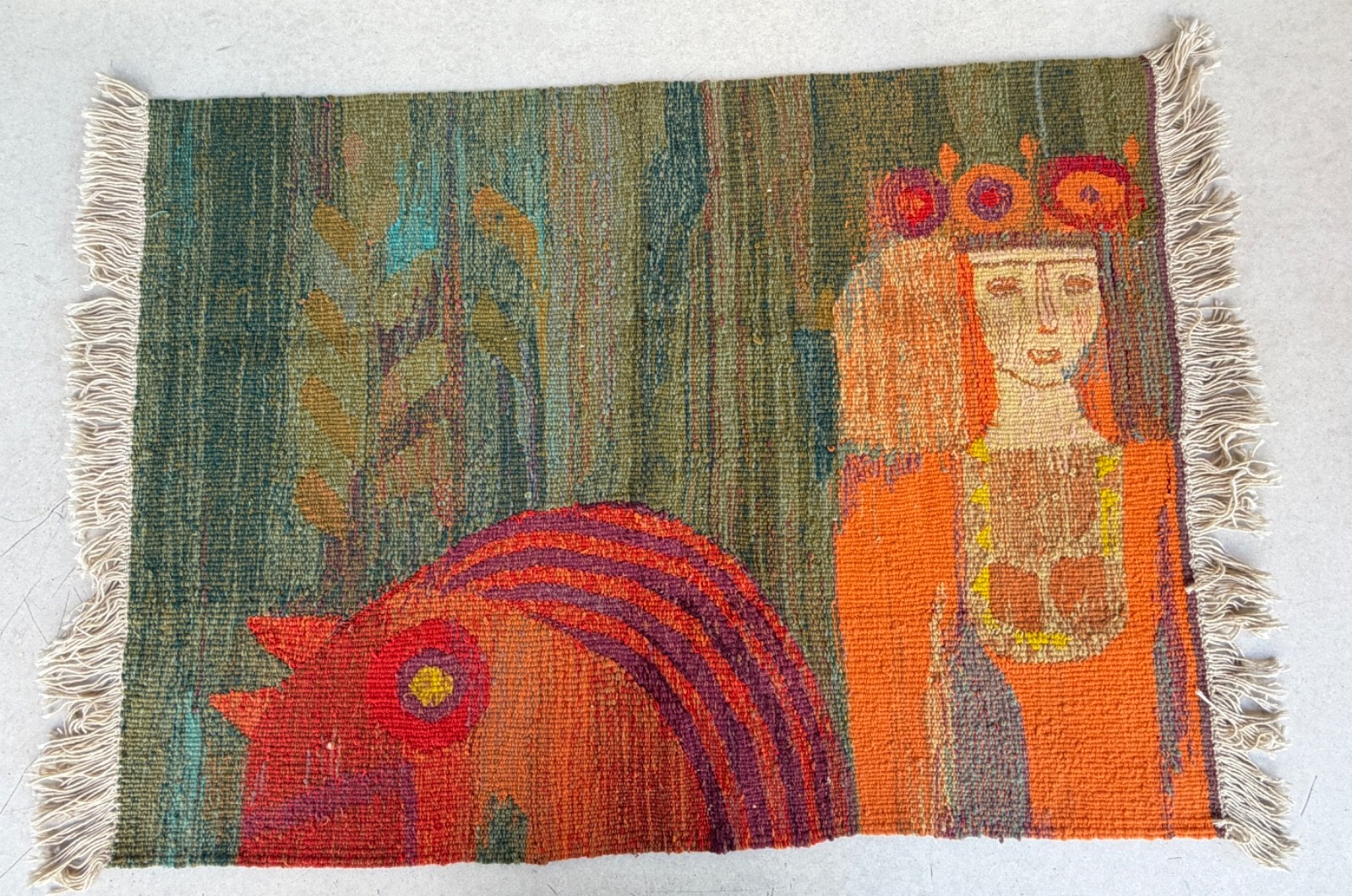 MCM Space Age Studio Textile Carpet Rug Style Art Wall Panel Women Rooster 28''