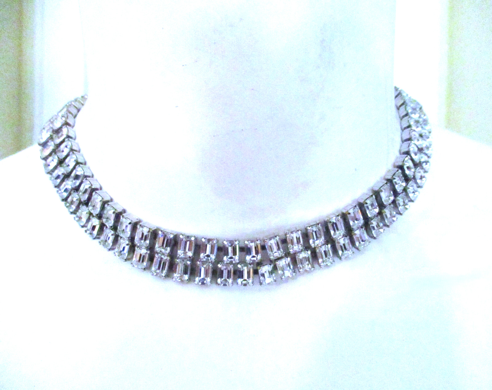 Vintage Baguette Rhinestone Conjoined Double Strand Choker Necklace 13" to 14.5"