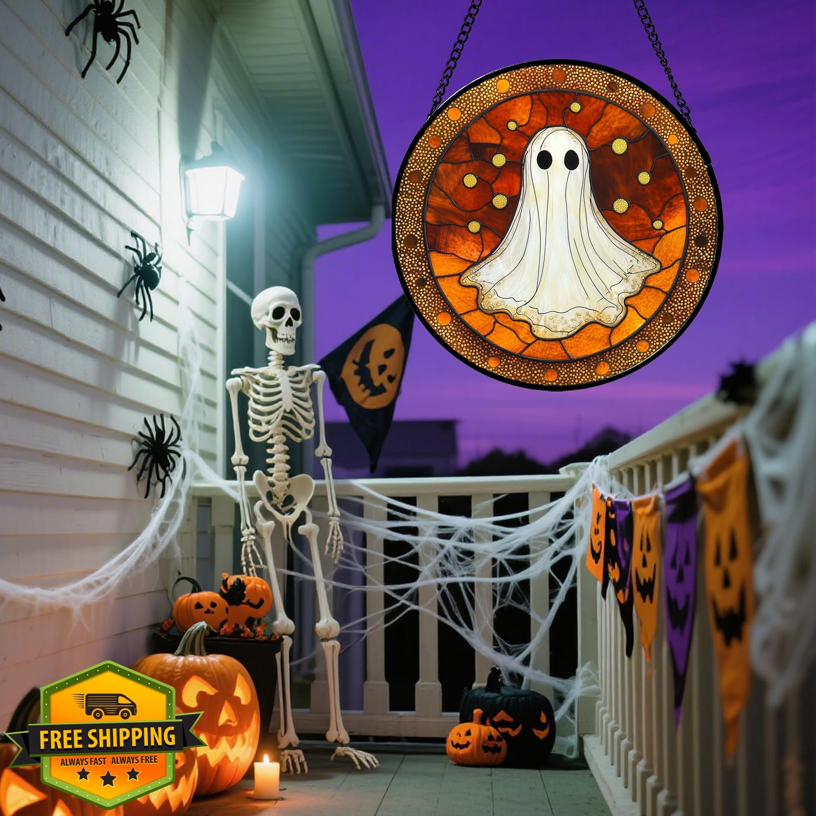 JOSUMALY Stained Glass Ghost Suncatcher 9.8in Halloween Window Decor