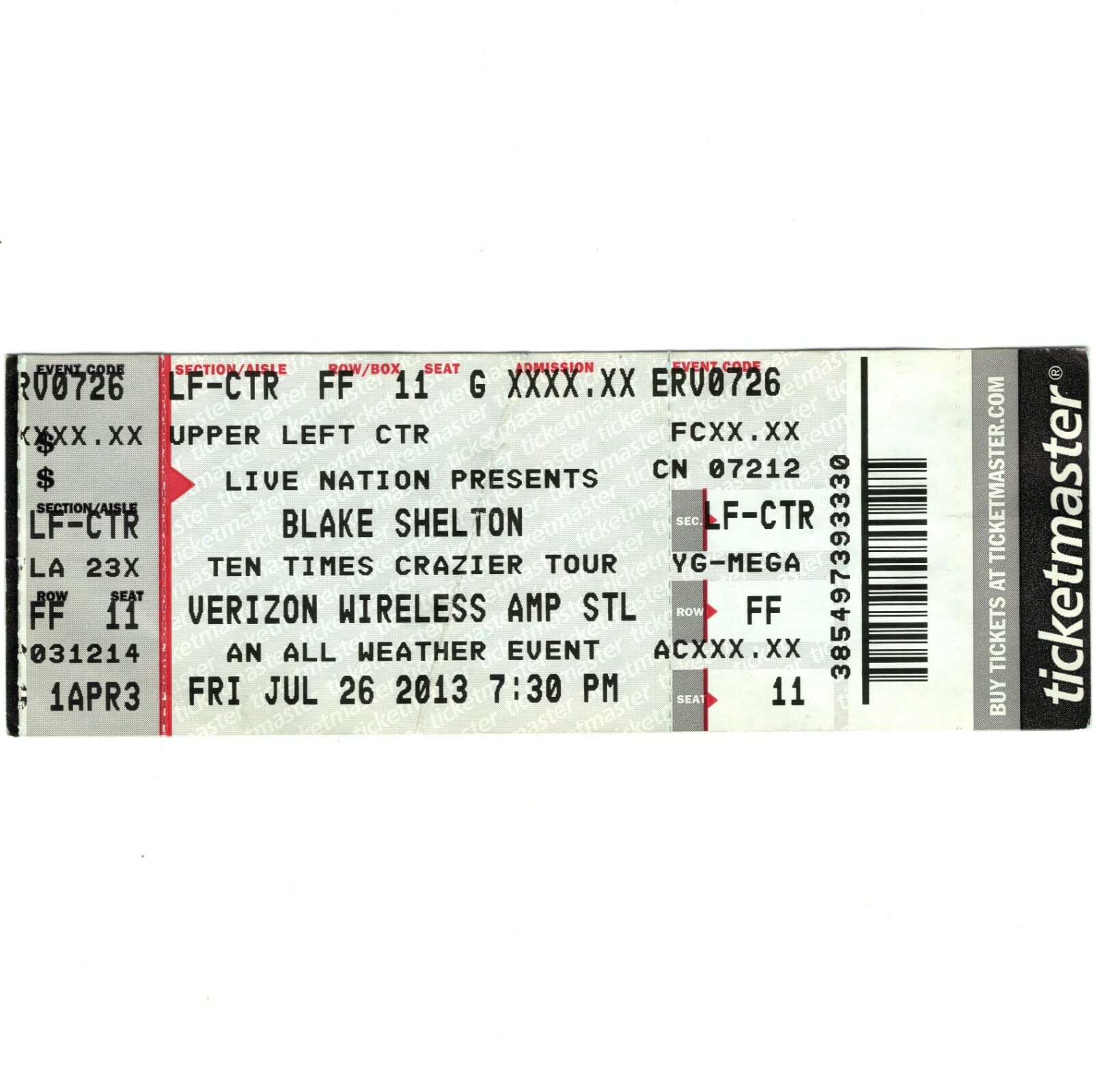 BLAKE SHELTON & EASTON CORBIN & JANA KRAMER Concert Ticket Stub 2013 ST LOUIS MO