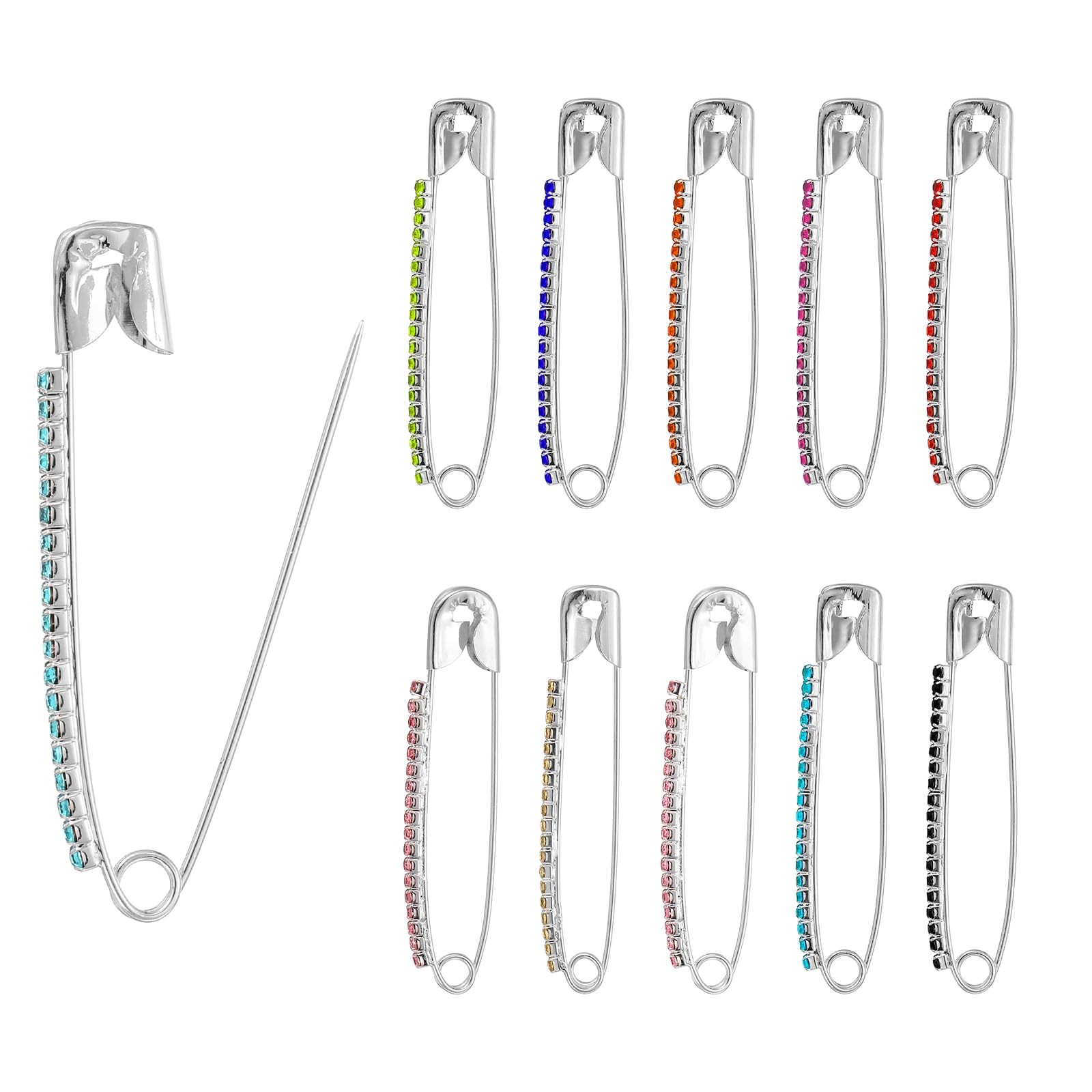 PATIKIL Rhinestone Safety Pins Brooches, 55x13mm, Silver Tone(multicolor) 