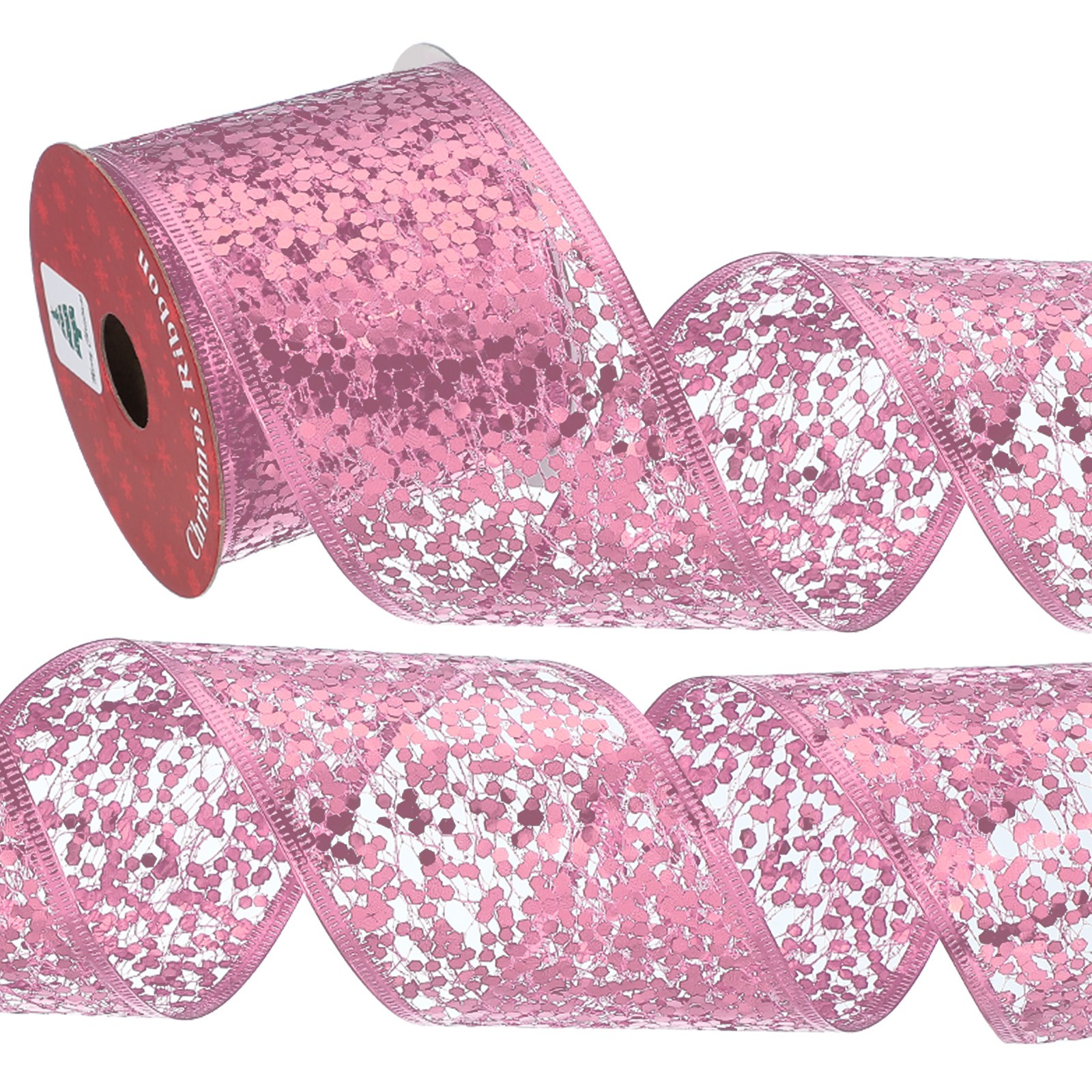 2.5"x 10Yards Glitters Yarn Ribbon Polyester Mesh Ribbon(Sequined Edge, Pink)