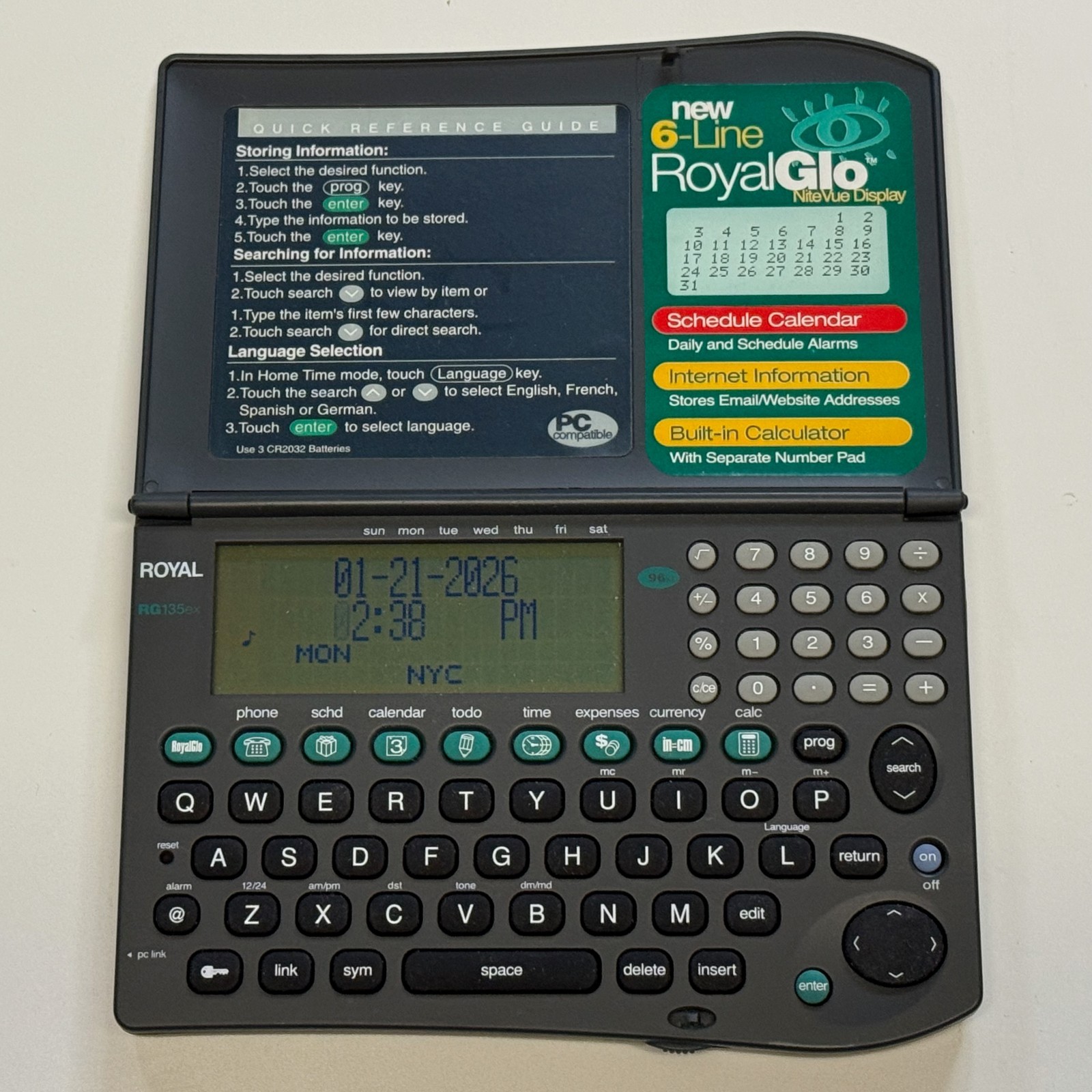 ROYAL Personal Organizer RG135ex Glo PDA Digital Organizer TESTED inc Batteries