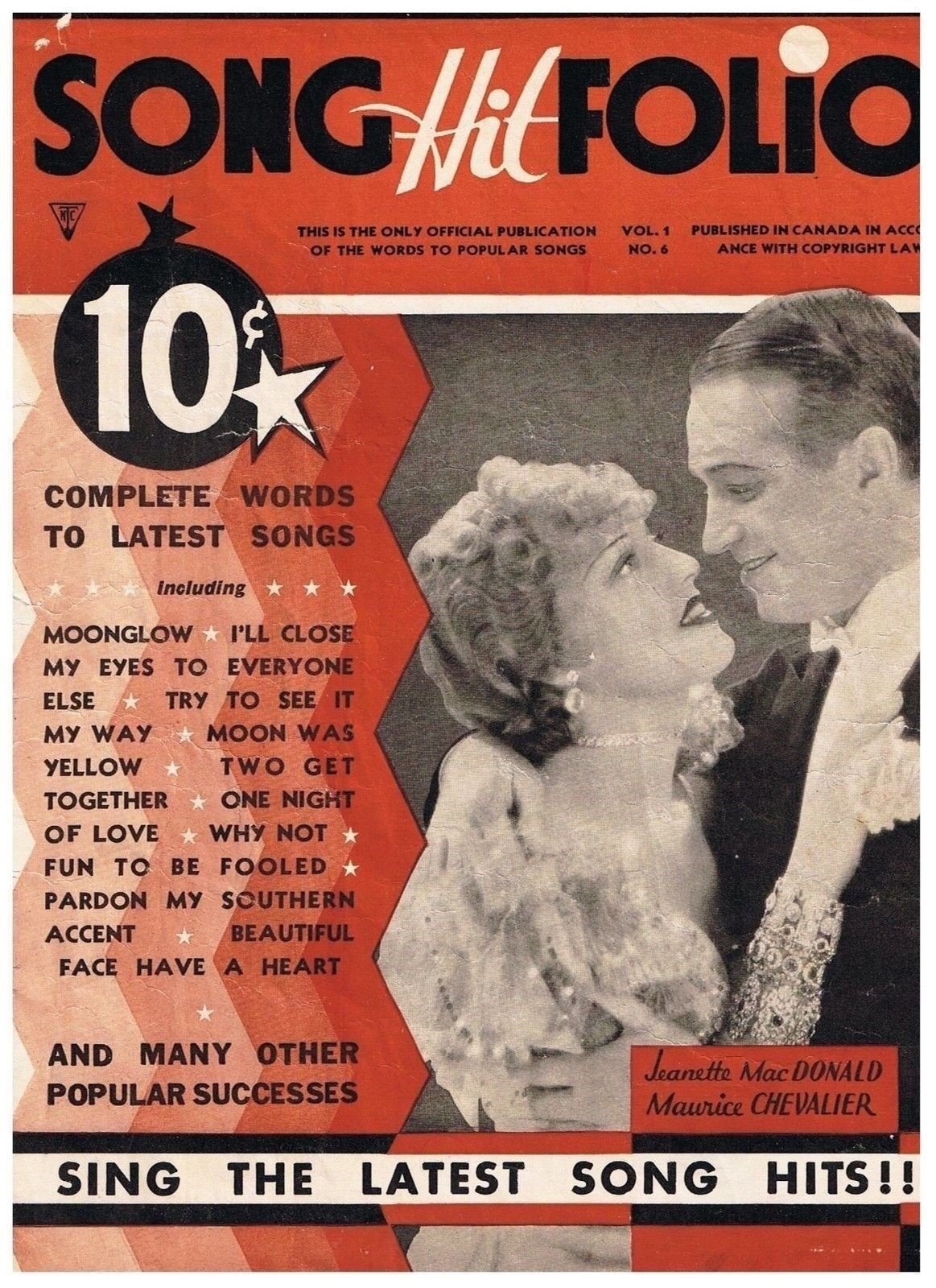 Vintage 1930s Song Hit Folio Jeanette MacDonald Maurice Chevalier Moonglow