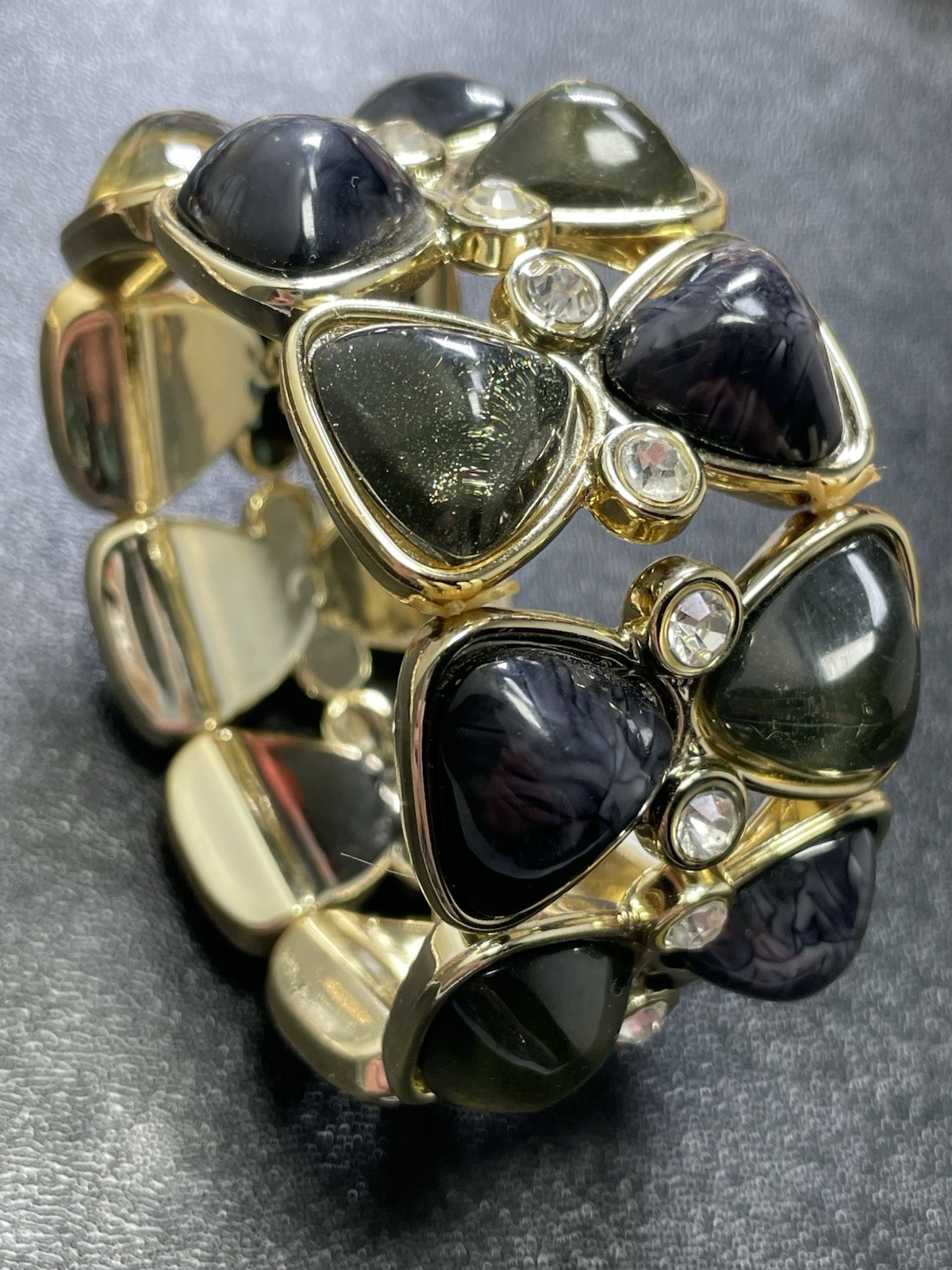 Vintage 1.5” Wide Blue & Green Lucite Rhinestone Gold Tone Metal Stretch