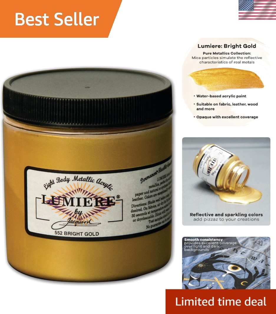 Lumiere 8oz Fabric Paint Bright Gold - Metallic Paint for Fabric Paper Wood C...