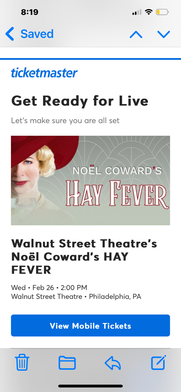 1 ticket for Hay Fever at Walnut Street Theatre