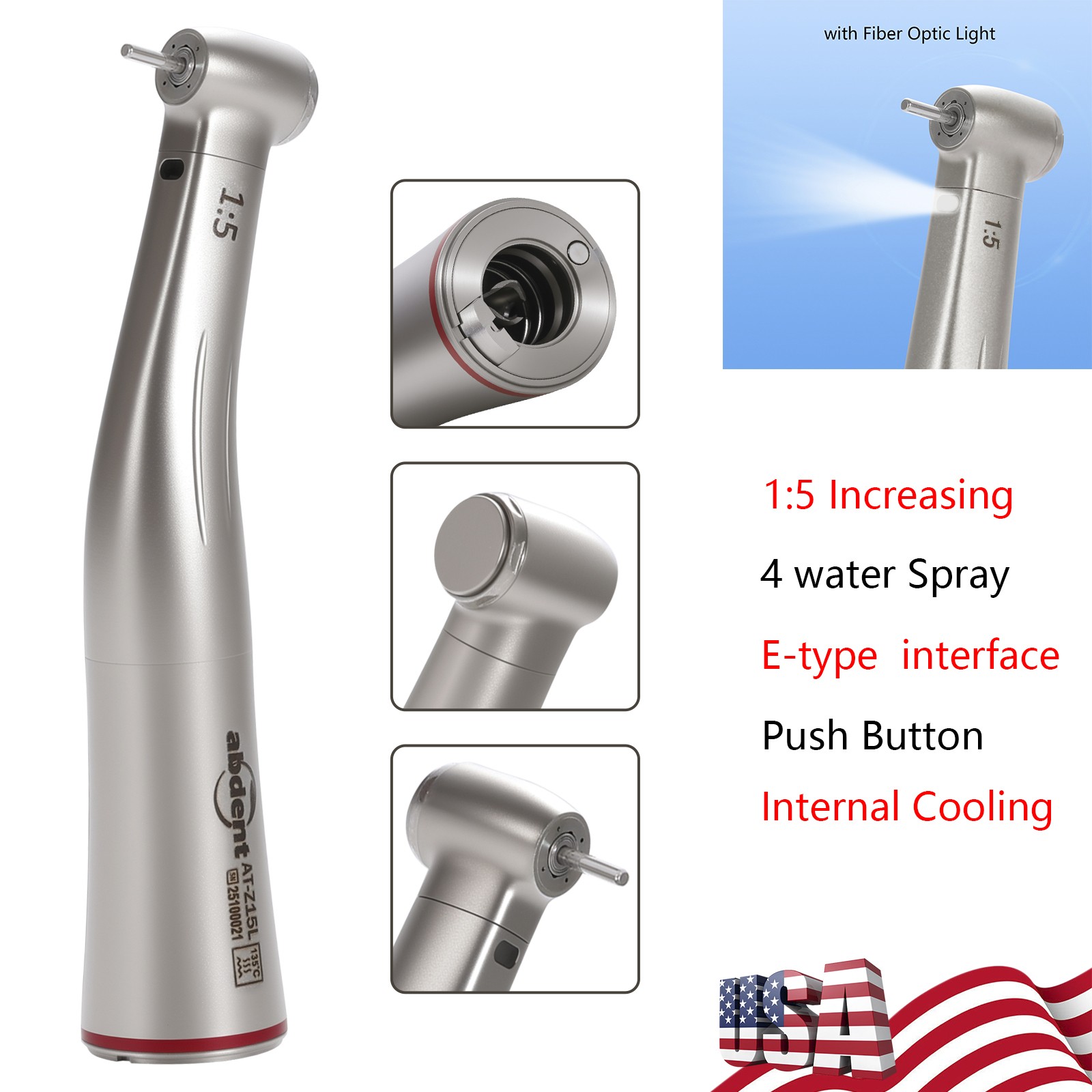 ABDENT Dental 1:5 Increasing Contra Angle Optic LED Handpiece Fit Electric Motor