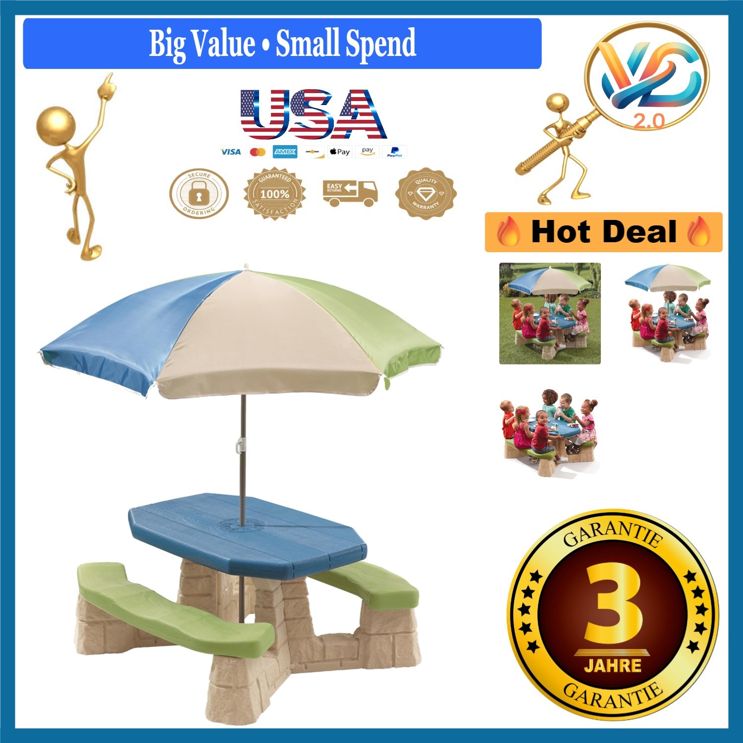 Naturally Playful Kids Picnic Table with Umbrella Indoor Outdoor Blue Green